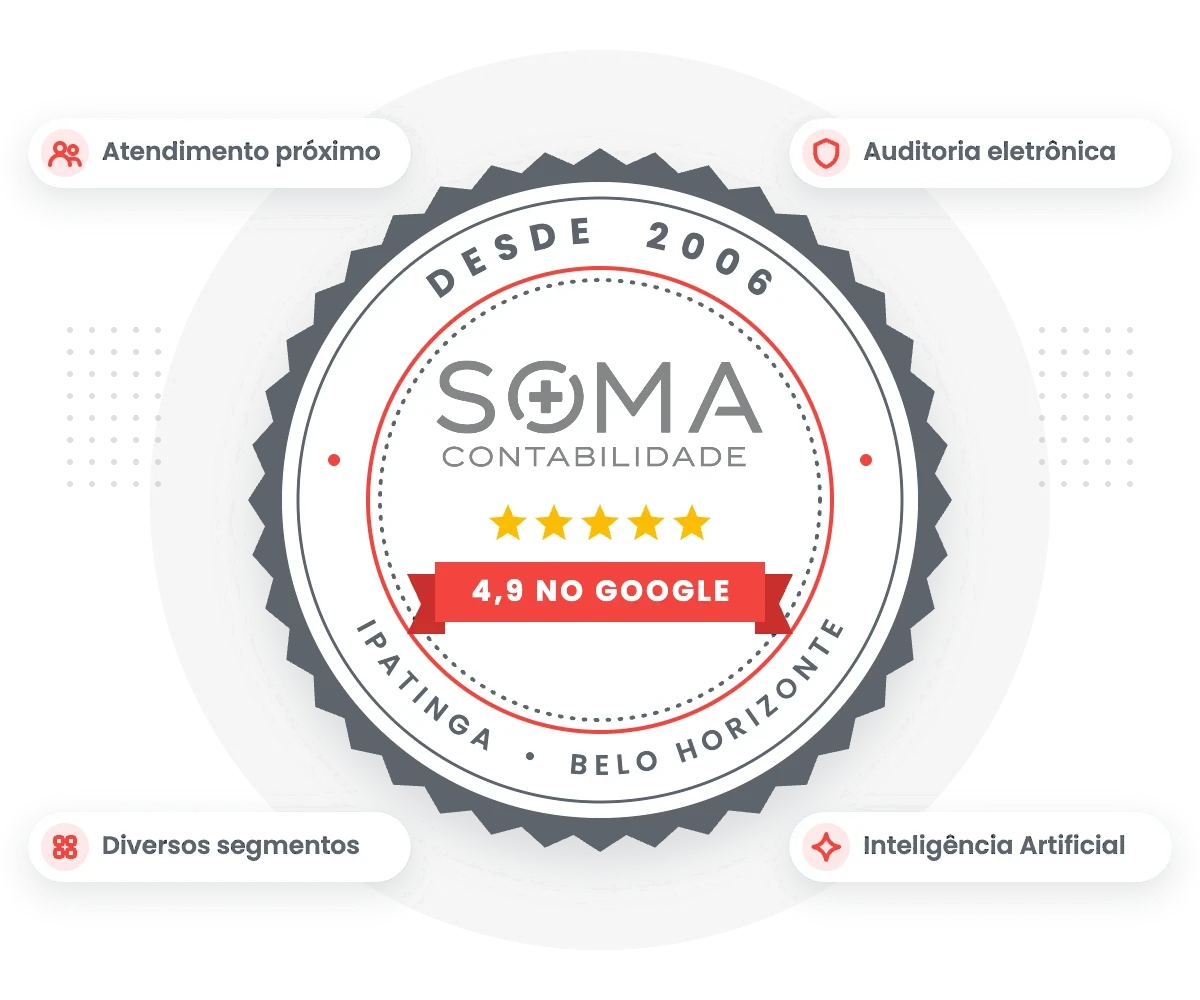 Selo Soma Contabilidade desde 2006, nota 4,9 no Google, Ipatinga e Belo Horizonte