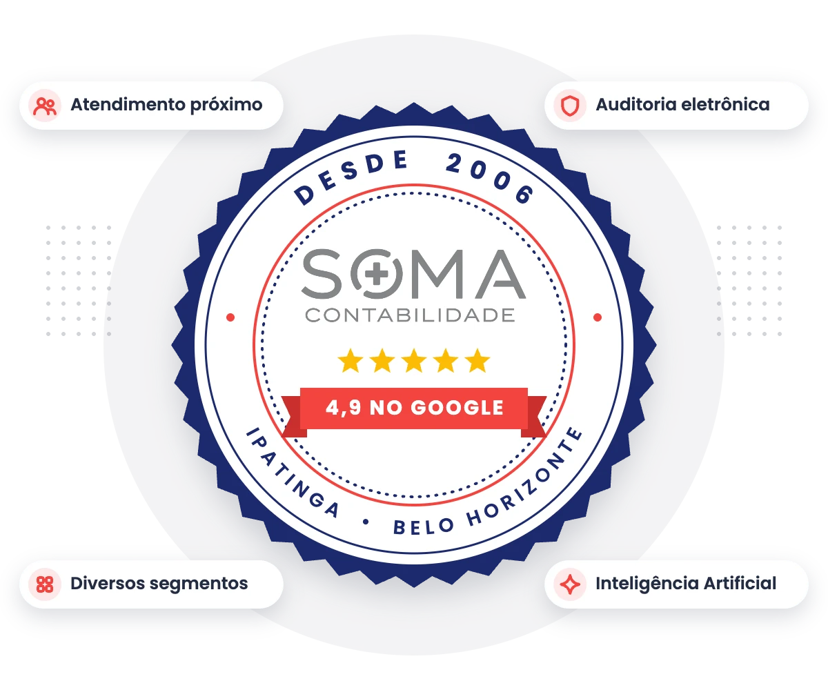 Selo da Soma Contabilidade: desde 2006, nota 4,9 no Google, Ipatinga e Belo Horizonte, com atendimento próximo, auditoria eletrônica, diversos segmentos e Inteligência Artificial